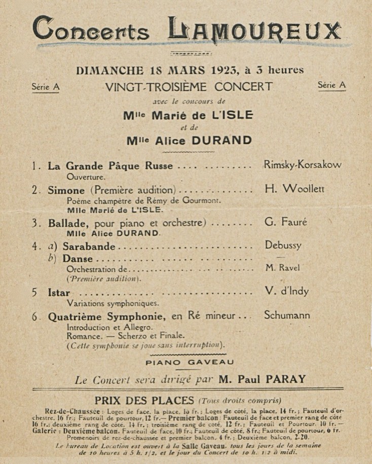 Concerts Lamoureux leaflet, Salle Gaveau, 18 March 1923